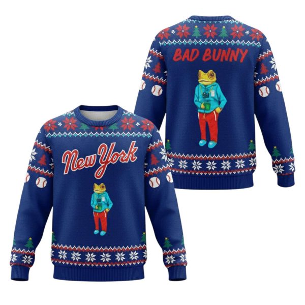 NY Mets Bad Bunny Christmas Ugly Sweater 2025 1