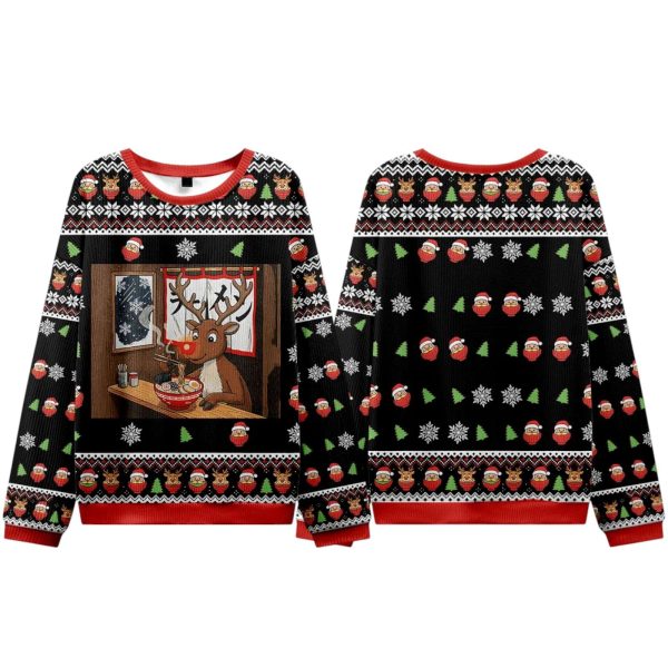 Reindeer Eating Ramen Christmas Ugly Sweater 1