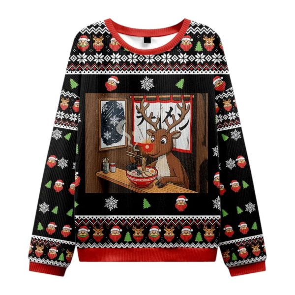 Reindeer Eating Ramen Christmas Ugly Sweater 2