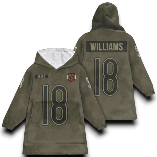 Bears Williams 18 Olive Salute To Service Football Blanket Hoodie 1