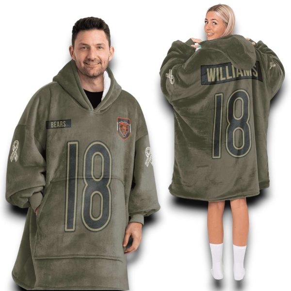 Bears Williams 18 Olive Salute To Service Football Blanket Hoodie 2