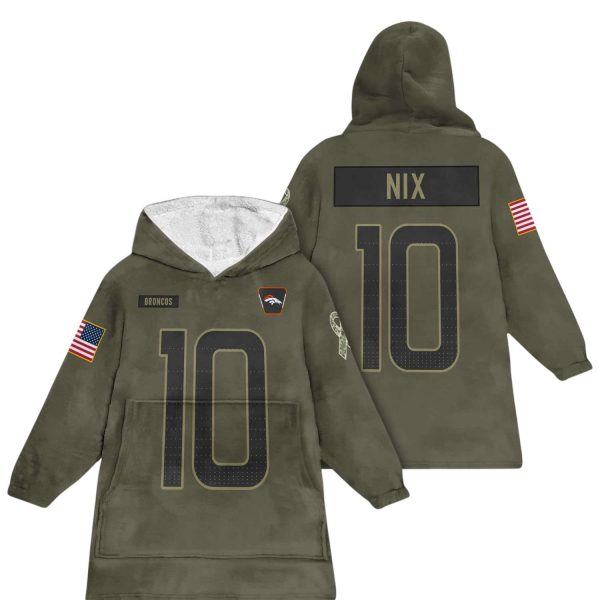 Broncos Nix 10 Olive Salute To Service Football Blanket Hoodie