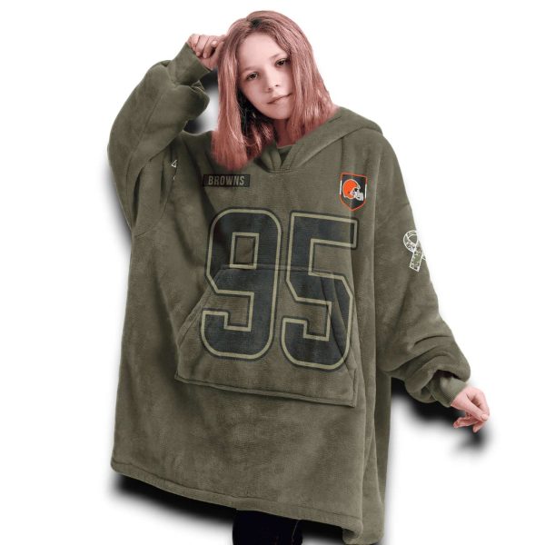 Browns Garrett 95 Olive Salute To Service Football Blanket Hoodie