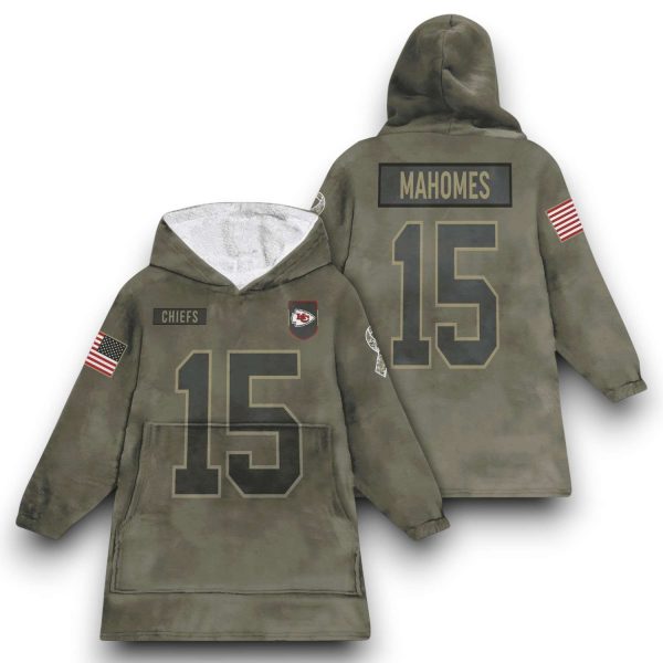 Chiefs Mahomes 15 Olive Salute To Service Football Blanket Hoodie