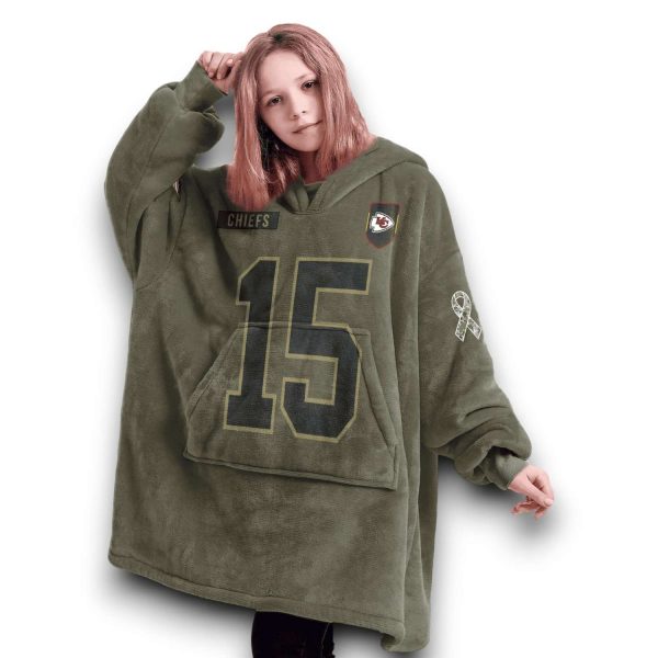 Chiefs Mahomes 15 Olive Salute To Service Football Blanket Hoodie