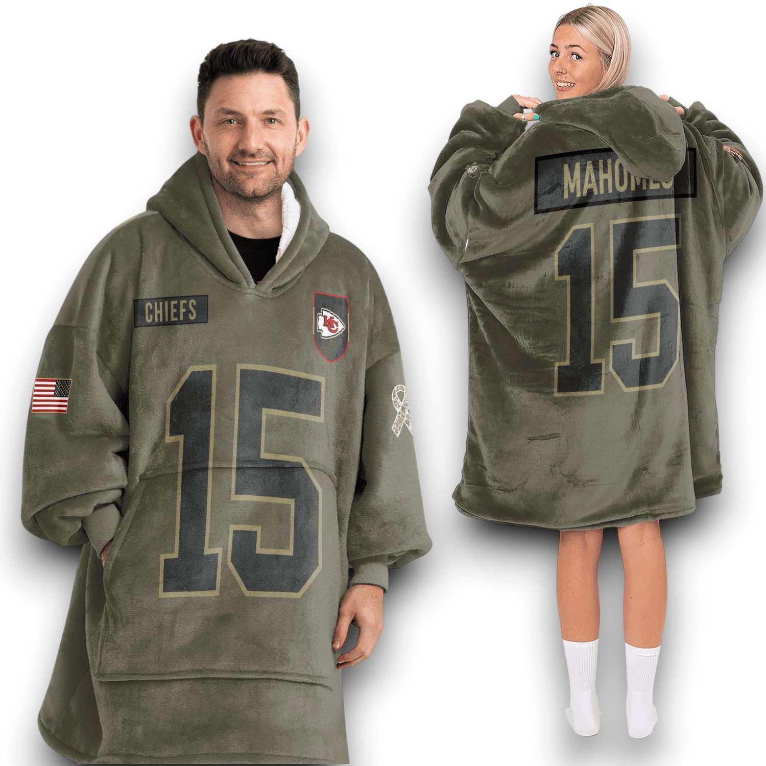 Chiefs Mahomes 15 Olive Salute To Service Football Blanket Hoodie Chiefs Mahomes 15 Olive Salute To Service Football Blanket Hoodie