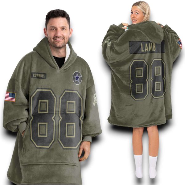 Cowboys Lamb 88 Olive Salute To Service Football Blanket Hoodie