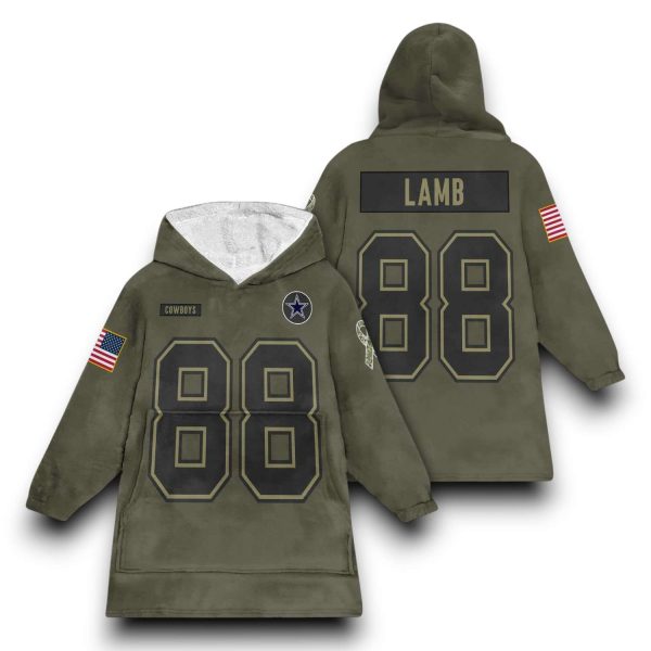 Cowboys Lamb 88 Olive Salute To Service Football Blanket Hoodie