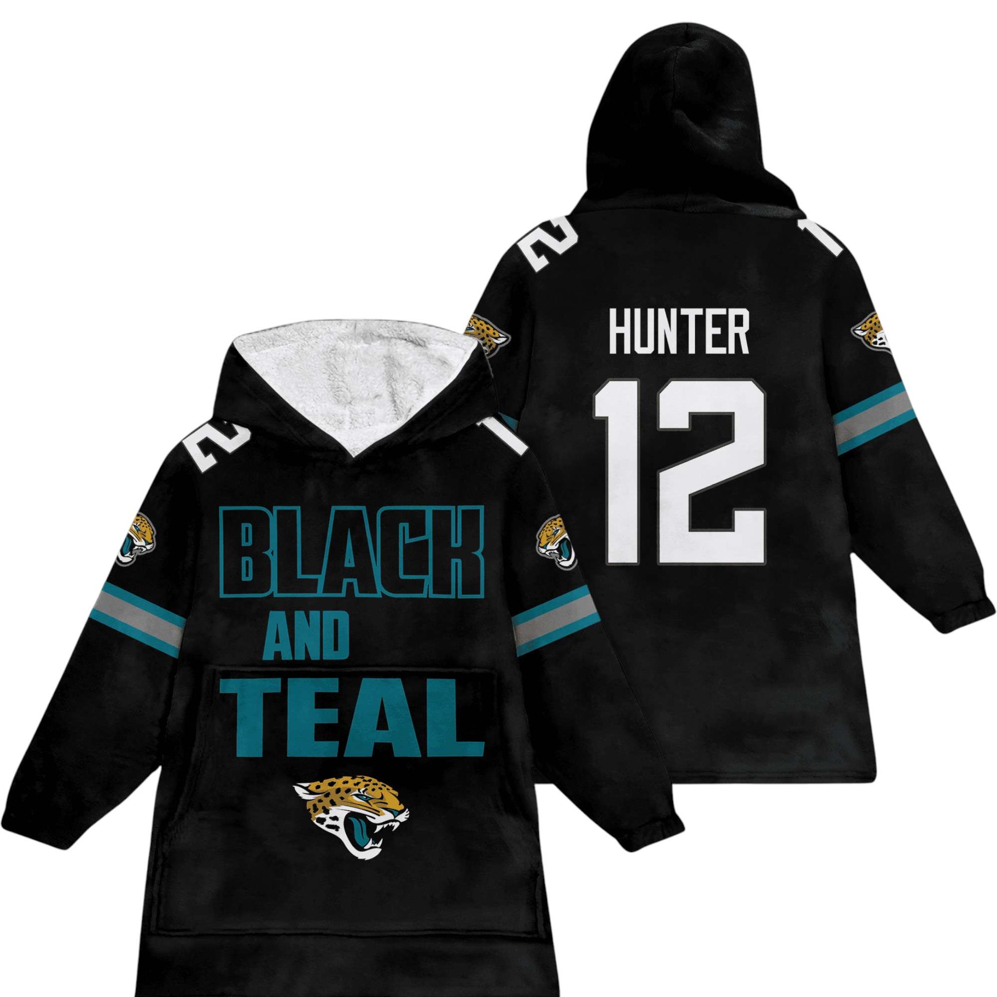 Jaguars Black And Teal Hunter 12 Football Unisex Blanket Hoodie 1 Jaguars Black And Teal Hunter 12 Football Unisex Blanket Hoodie