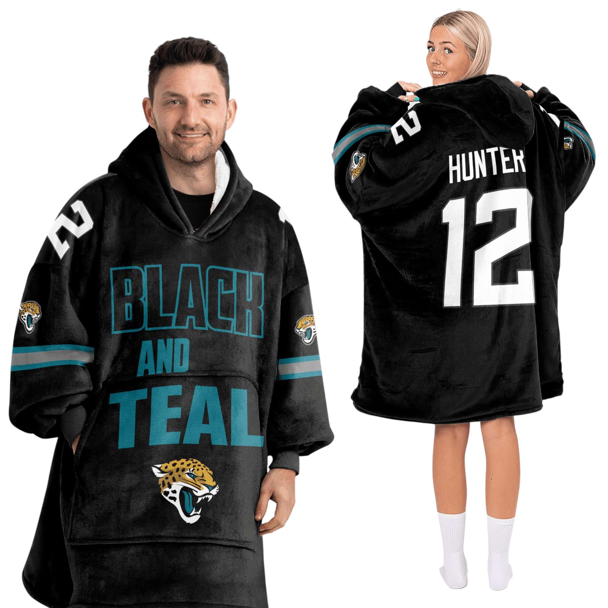 Jaguars Black And Teal Hunter 12 Football Unisex Blanket Hoodie Jaguars Black And Teal Hunter 12 Football Unisex Blanket Hoodie