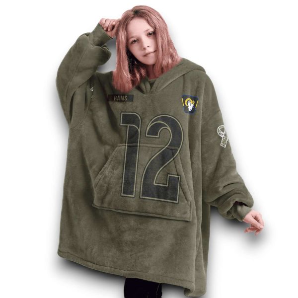 LA Rams Nacua 12 Olive Salute To Service Football Blanket Hoodie