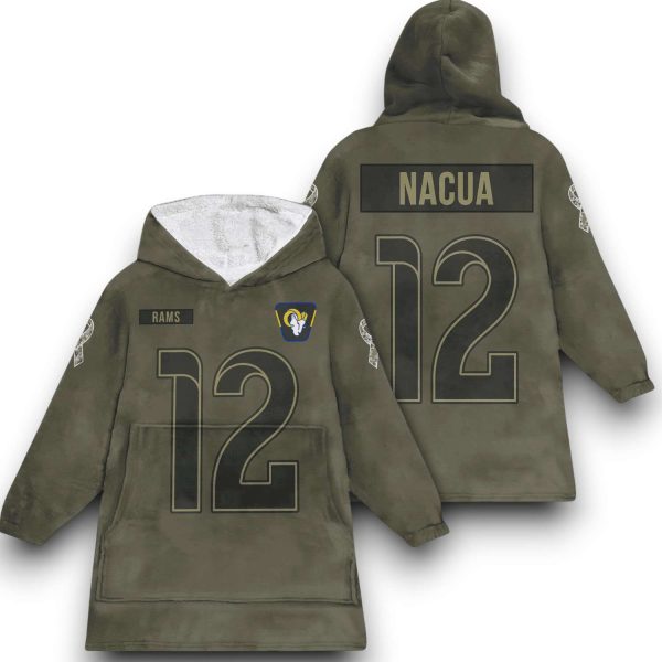 LA Rams Nacua 12 Olive Salute To Service Football Blanket Hoodie