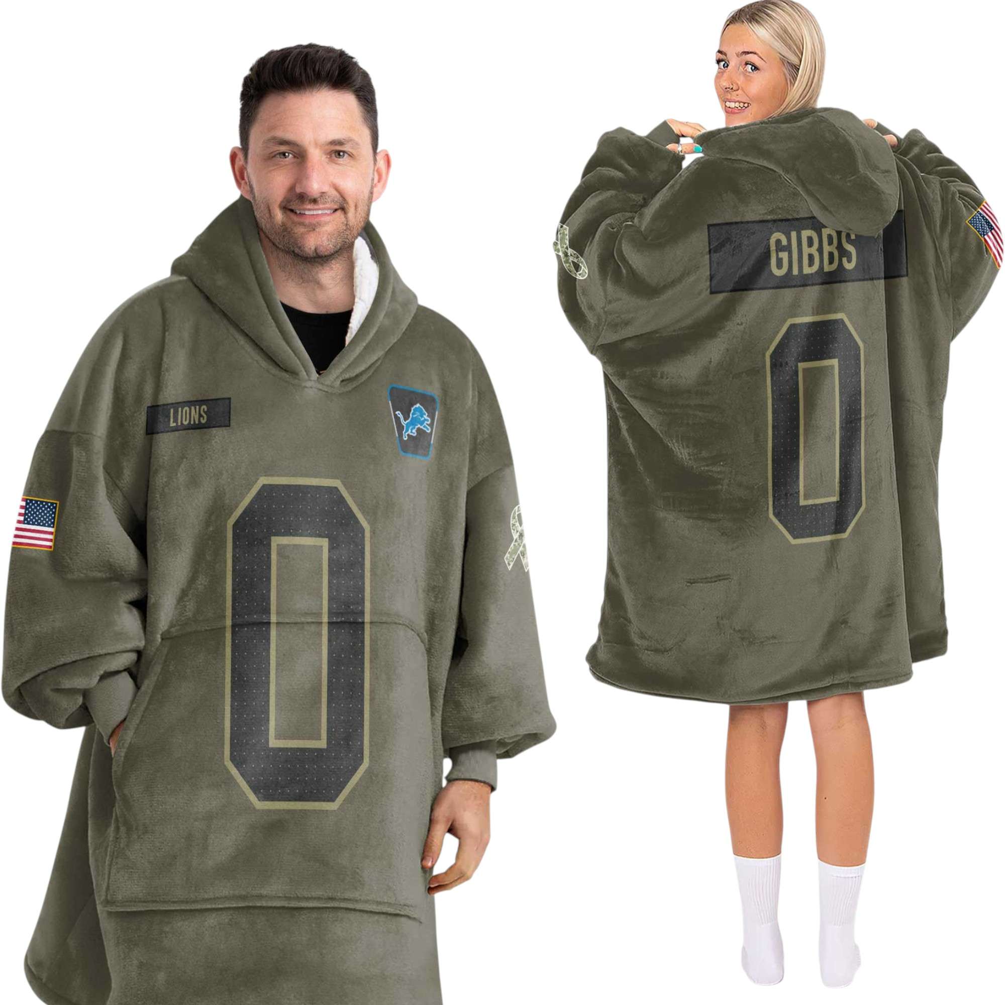 Lions Gibbs 0 Olive Salute To Service Football Unisex Blanket Hoodie Lions Gibbs 0 Olive Salute To Service Football Unisex Blanket Hoodie