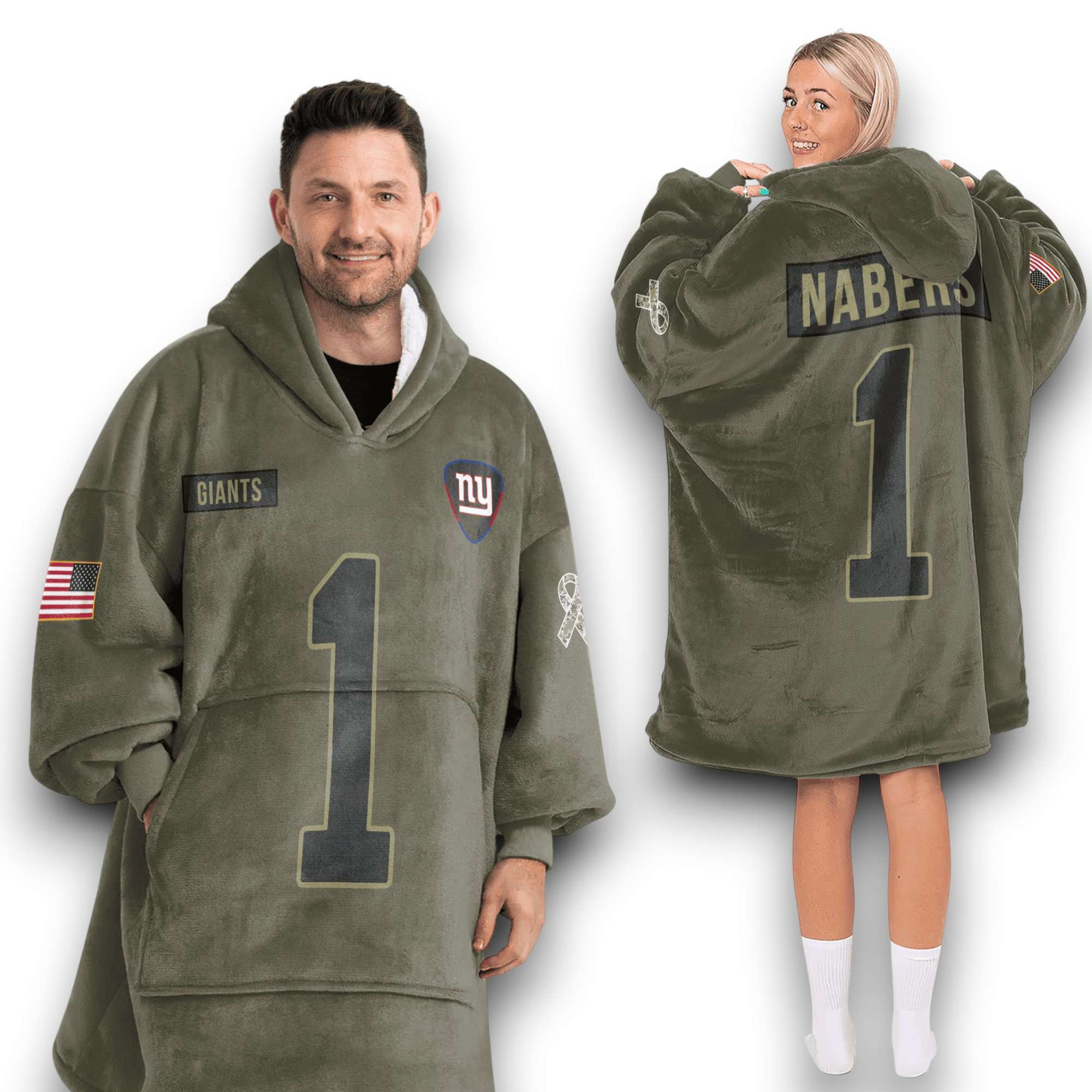 NY Giants Nabers 1 Olive Salute To Service Football Unisex Blanket Hoodie NY Giants Nabers 1 Olive Salute To Service Football Unisex Blanket Hoodie