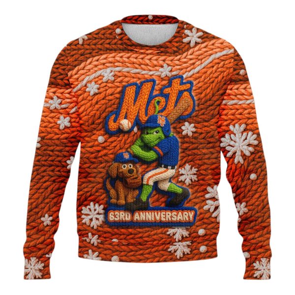 NY Mets 63rd Anniversary Grnch Ugly Christmas Sweater 2025