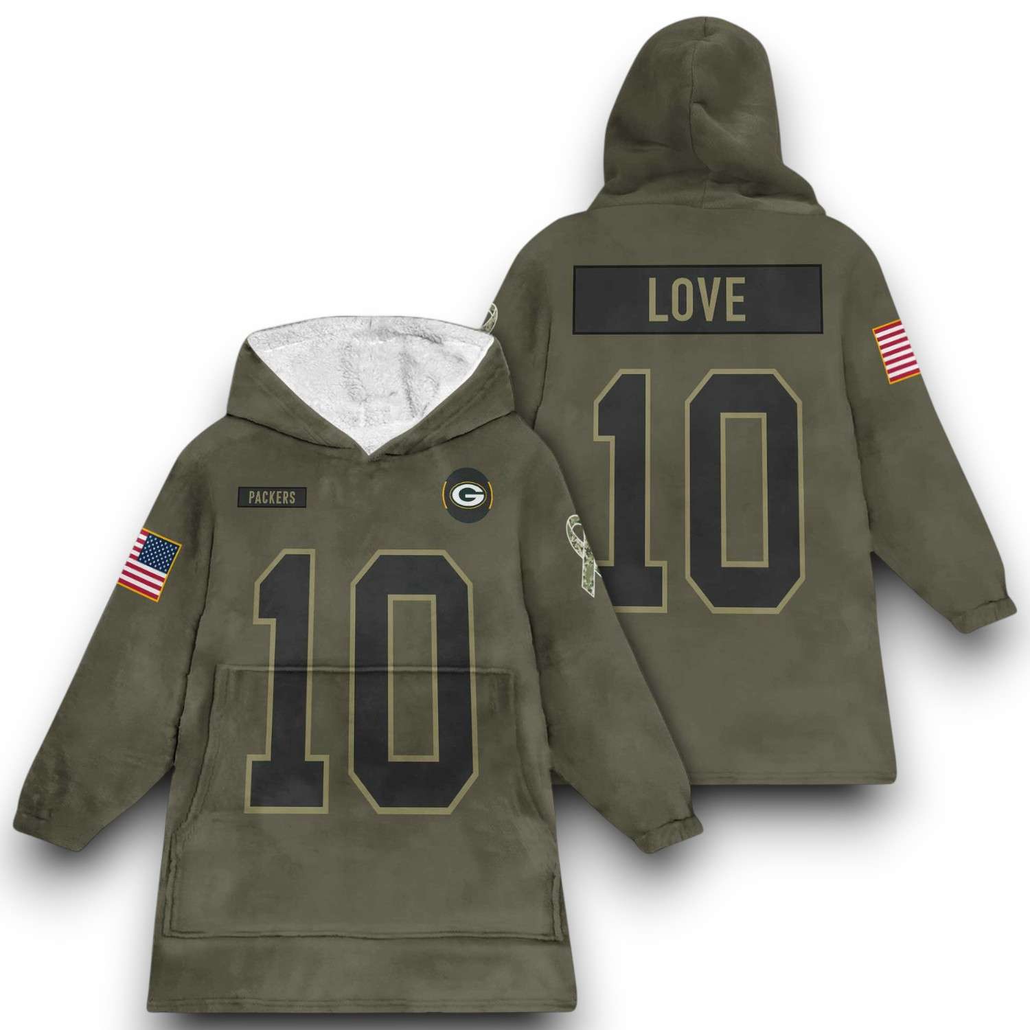 Packers Love 10 Olive Salute To Service Football Blanket Hoodie Packers Love 10 Olive Salute To Service Football Blanket Hoodie