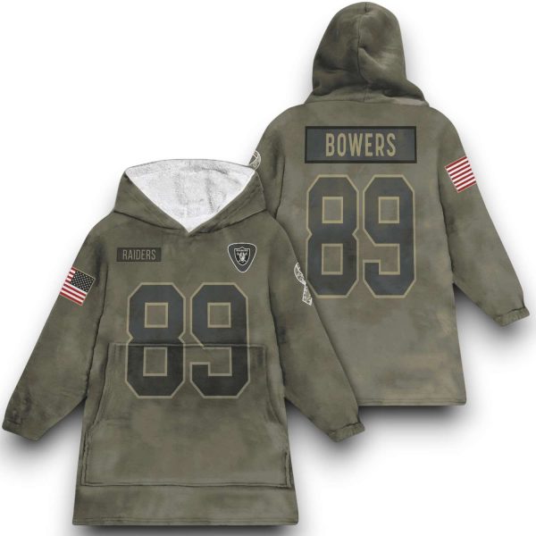 Raiders Bowers 89 Olive Salute To Service Football Blanket Hoodie