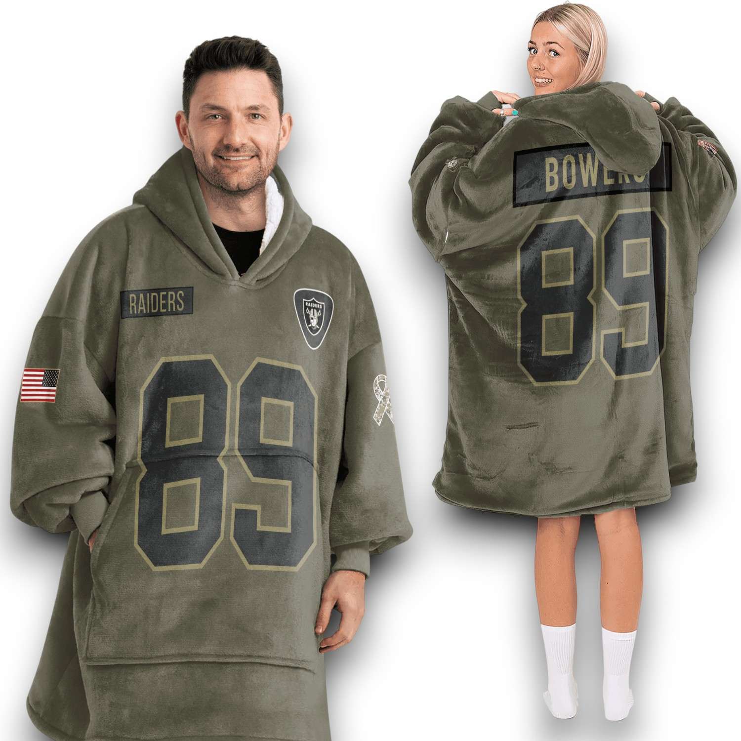 Raiders Bowers 89 Olive Salute To Service Football Blanket Hoodie Raiders Bowers 89 Olive Salute To Service Football Blanket Hoodie