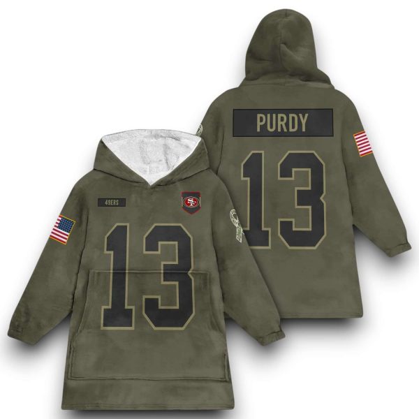 SF 49ers Purdy 13 Olive Salute To Service Football Blanket Hoodie