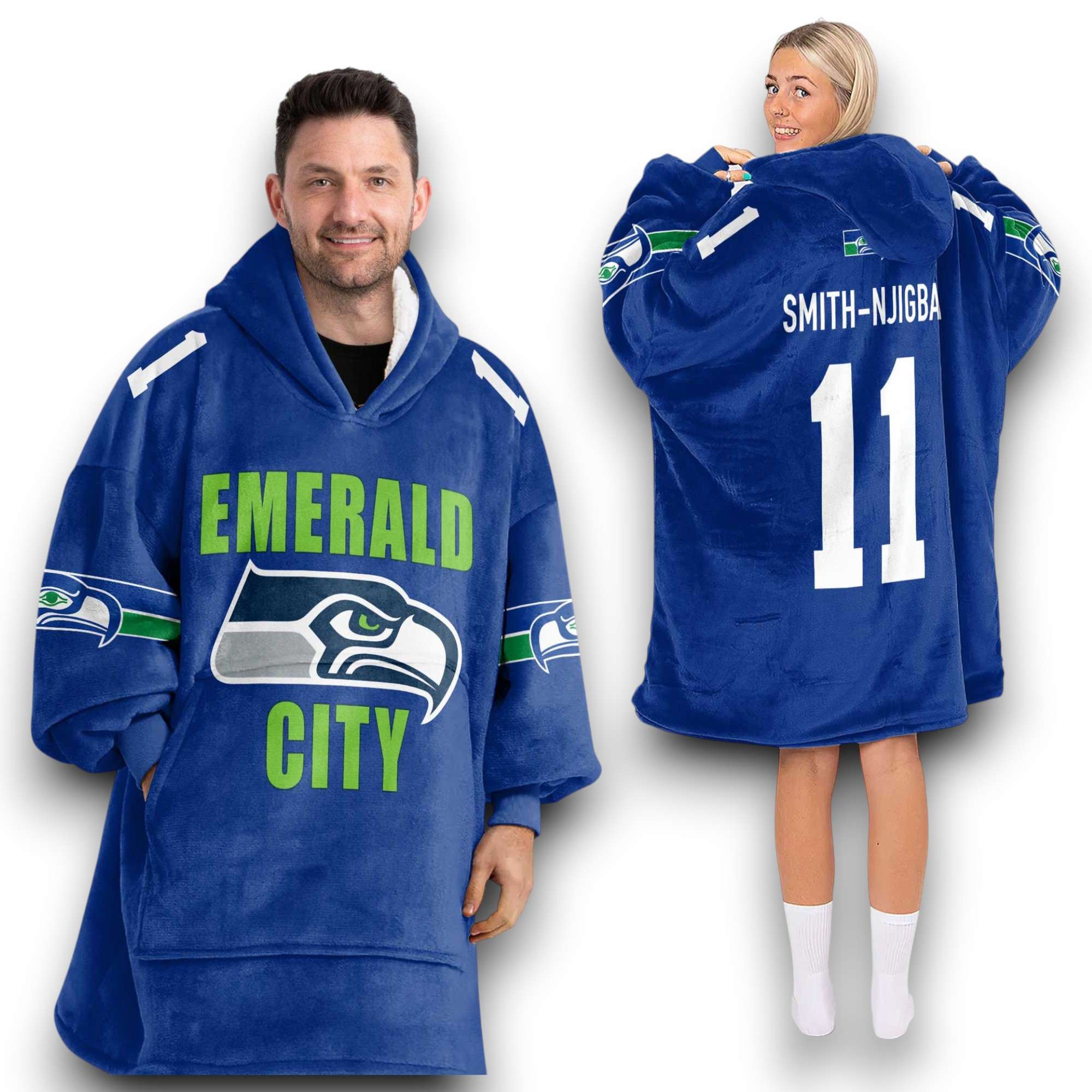 Seahawks Emerald City Smith Njigba 11 Football Unisex Blanket Hoodie Seahawks Emerald City Smith Njigba 11 Football Unisex Blanket Hoodie