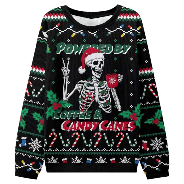 Skeleton Powered By Coffee And Candy Canes Ugly Christmas Sweater
