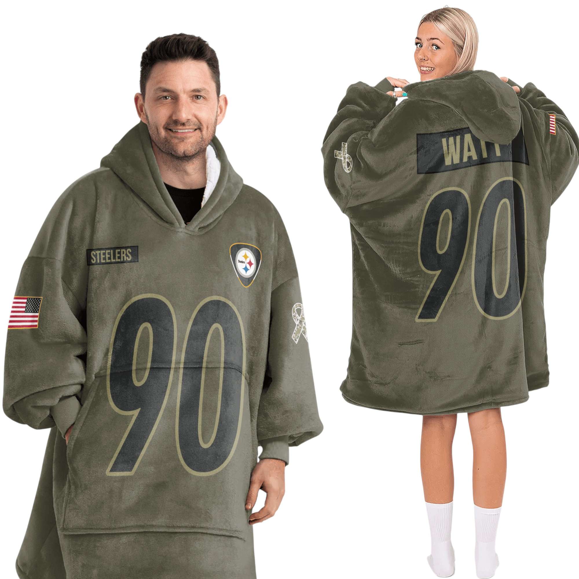Steelers Watt 90 Olive Salute To Service Football Unisex Blanket Hoodie Steelers Watt 90 Olive Salute To Service Football Unisex Blanket Hoodie