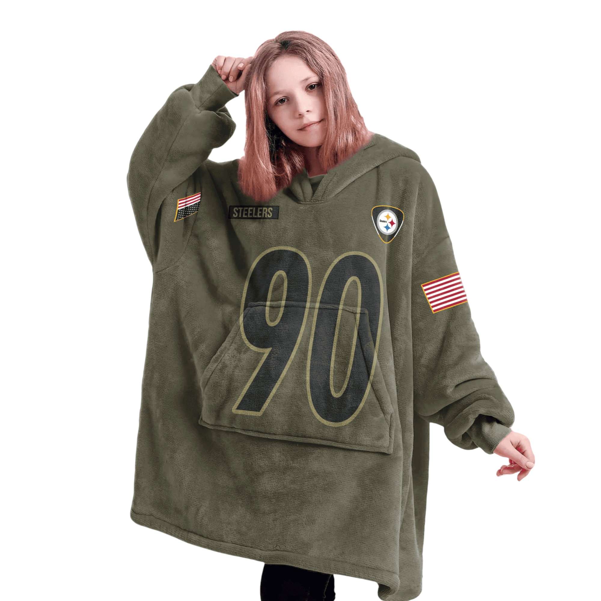 Steelers Watt 90 Olive Salute To Service Football Unisex Blanket Hoodie 3 Steelers Watt 90 Olive Salute To Service Football Unisex Blanket Hoodie