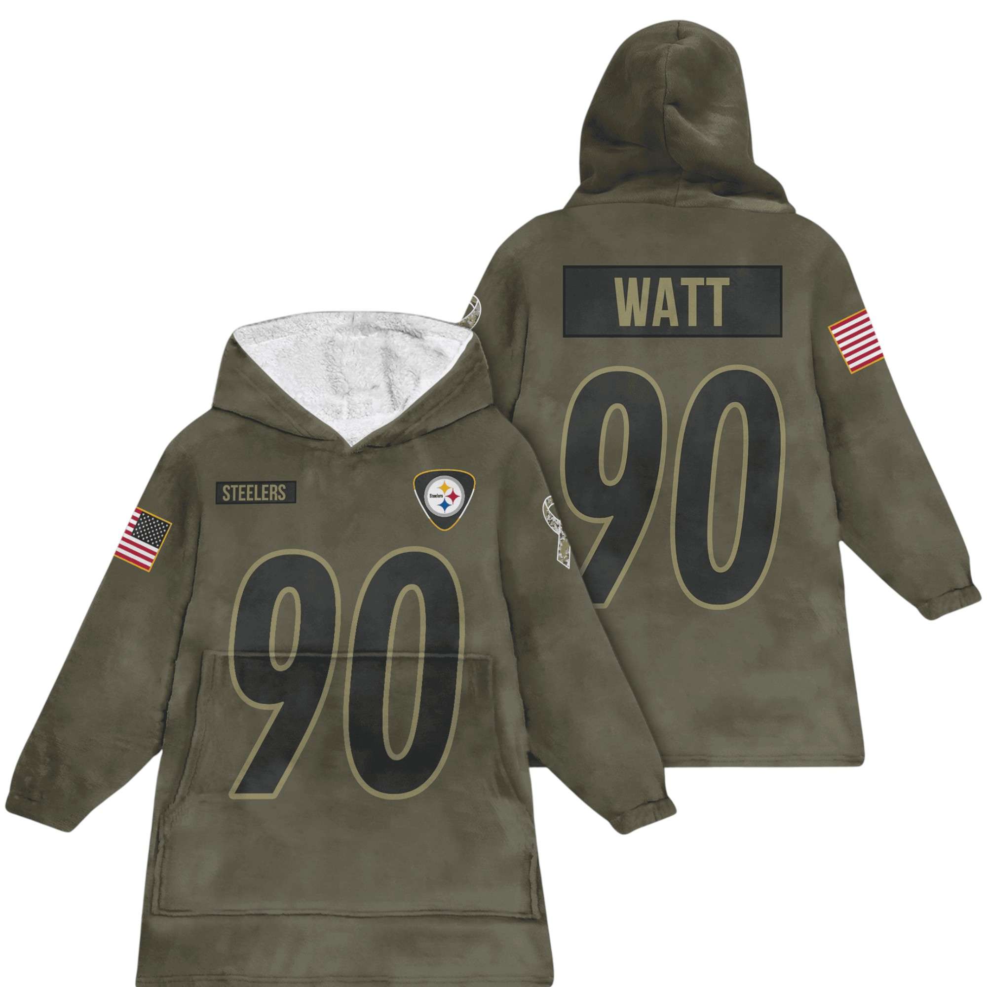 Steelers Watt 90 Olive Salute To Service Football Unisex Blanket Hoodie 1 Steelers Watt 90 Olive Salute To Service Football Unisex Blanket Hoodie
